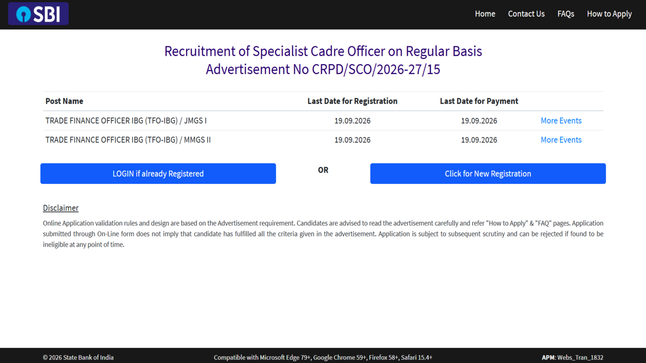 SBI recruitment 2026: Registration underway for Trade Finance Officer posts; check eligibility, direct link to apply