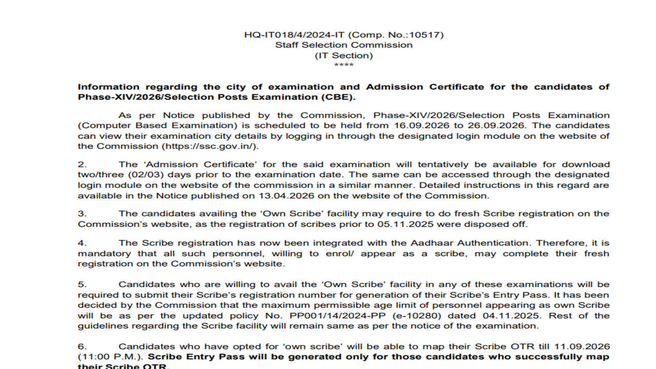 SSC Selection Post Phase 14 exam 2026: City details, admission certificate and scribe instructions out at ssc.gov.in
