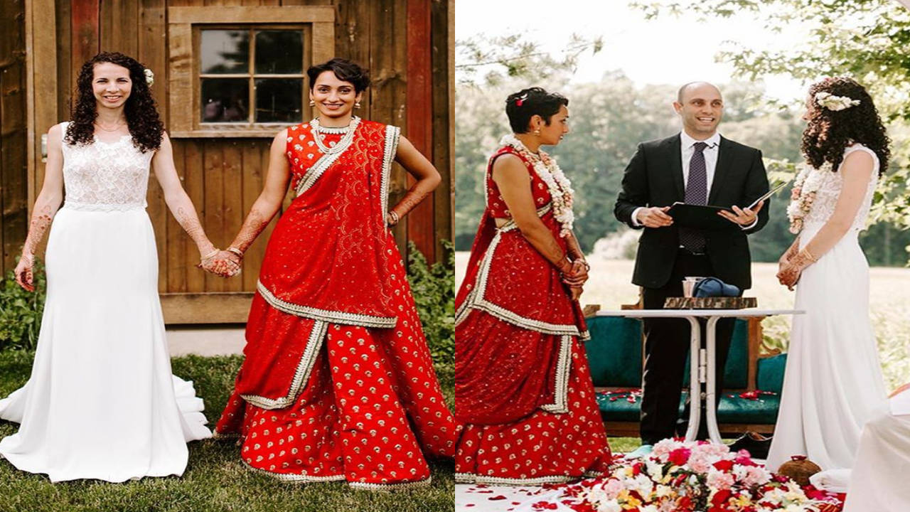 This Indo-American lesbian couple complemented each other in a red lehenga and white gown The Times of India