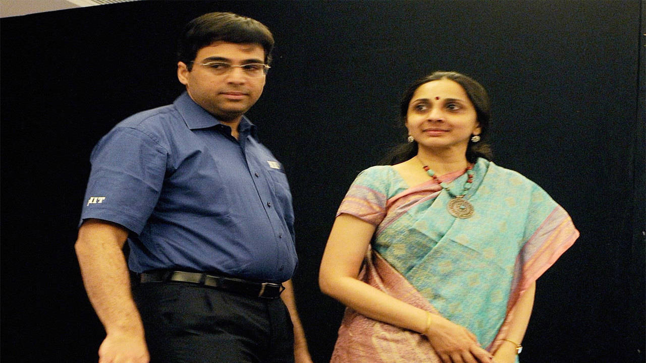 Indian chess player Viswanathan Anand and wife Aruna Anand posing for  photograph in Chennai