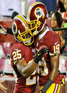 Landover, MD, USA; Washington Redskins wide receiver Rashad Ross (19) is congratulated