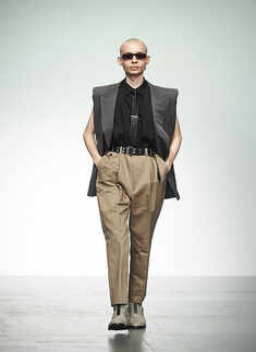 A model presents a creation at the London Men's Fashion Week 2017