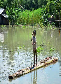 A girl rows a banana raft