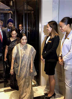 Sushma Swaraj arrives in New York