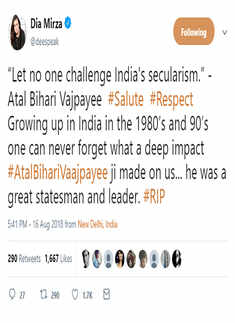 Celebrities mourn Atal Bihari Vajpayee's demise