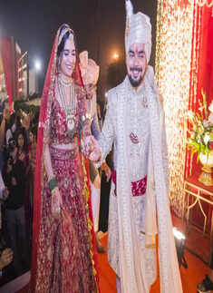 Candid pictures from actress Anshul Chauhan and Ateet Singh's star-studded wedding festivities