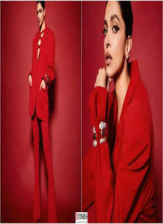 Deepika Padukone commands attention in a fiery red power suit, see pictures