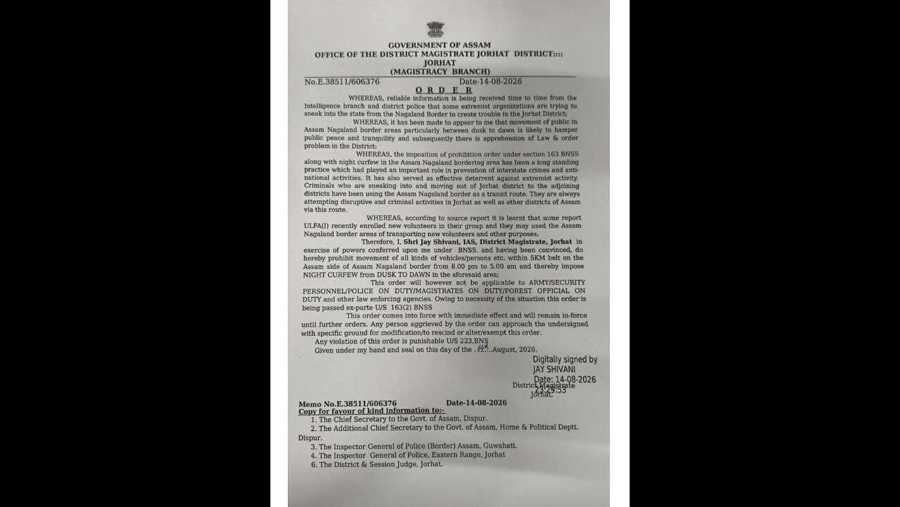 Night curfew along Assam-Nagaland border in Jorhat over Ulfa-I infiltration concerns