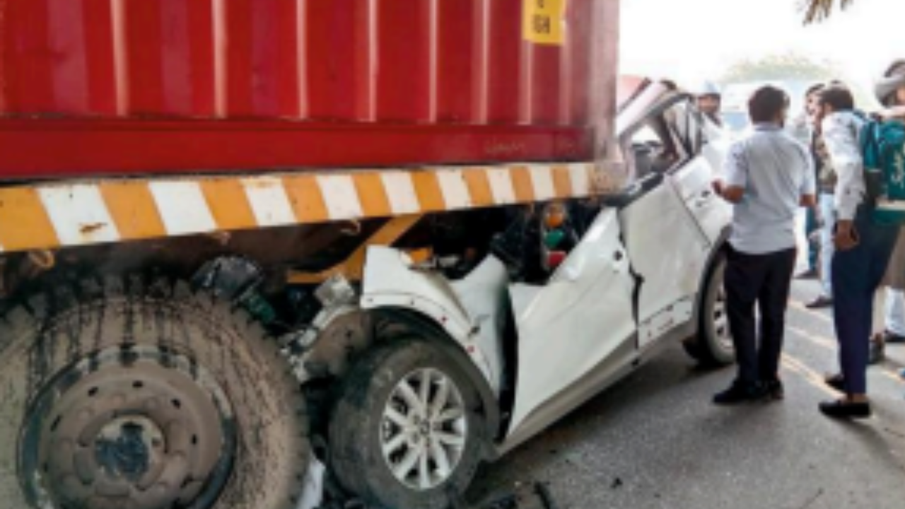 Greater Noida: Speeding car crashes into parked truck in Surajpur 