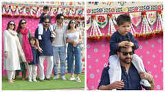 Karisma, Saif-Bebo arrive in Jamnagar with their kids