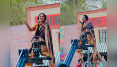 Rupali gives a flying kiss while shooting from the crane
