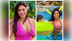 Shweta dons pink swimwear on a day out with son