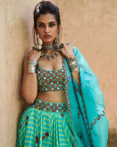 Midnight Blue Printed Lehenga With Embroidered Top & Dupatta